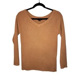 State Cashmere Ribbed Knit Fitted V-neck Cashmere Sweater Camel Brown M